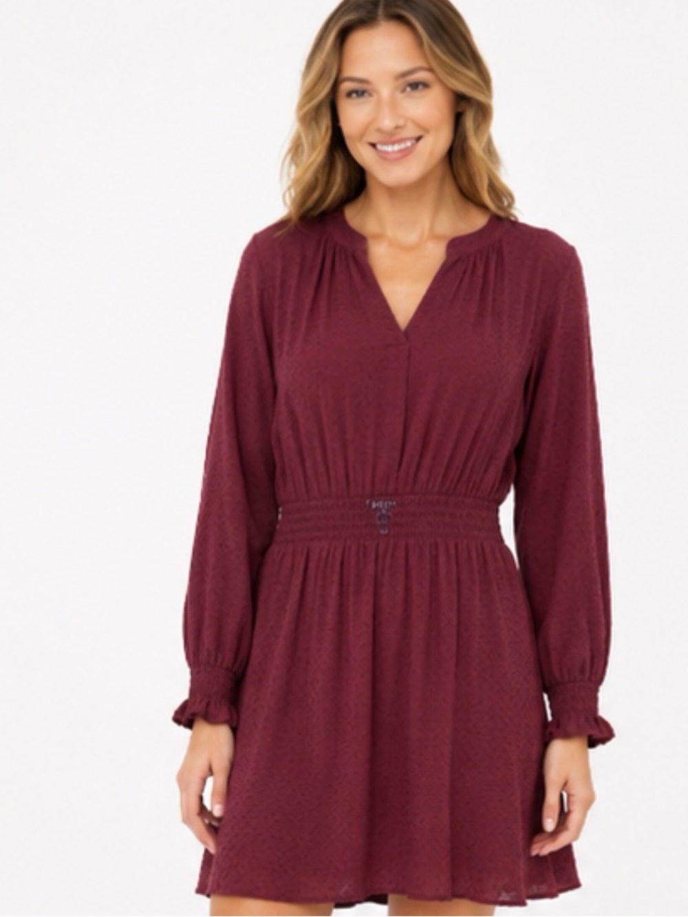 Nautica Burgundy Long-Sleeve V-Neck Smocked Waist Dress, Size Large